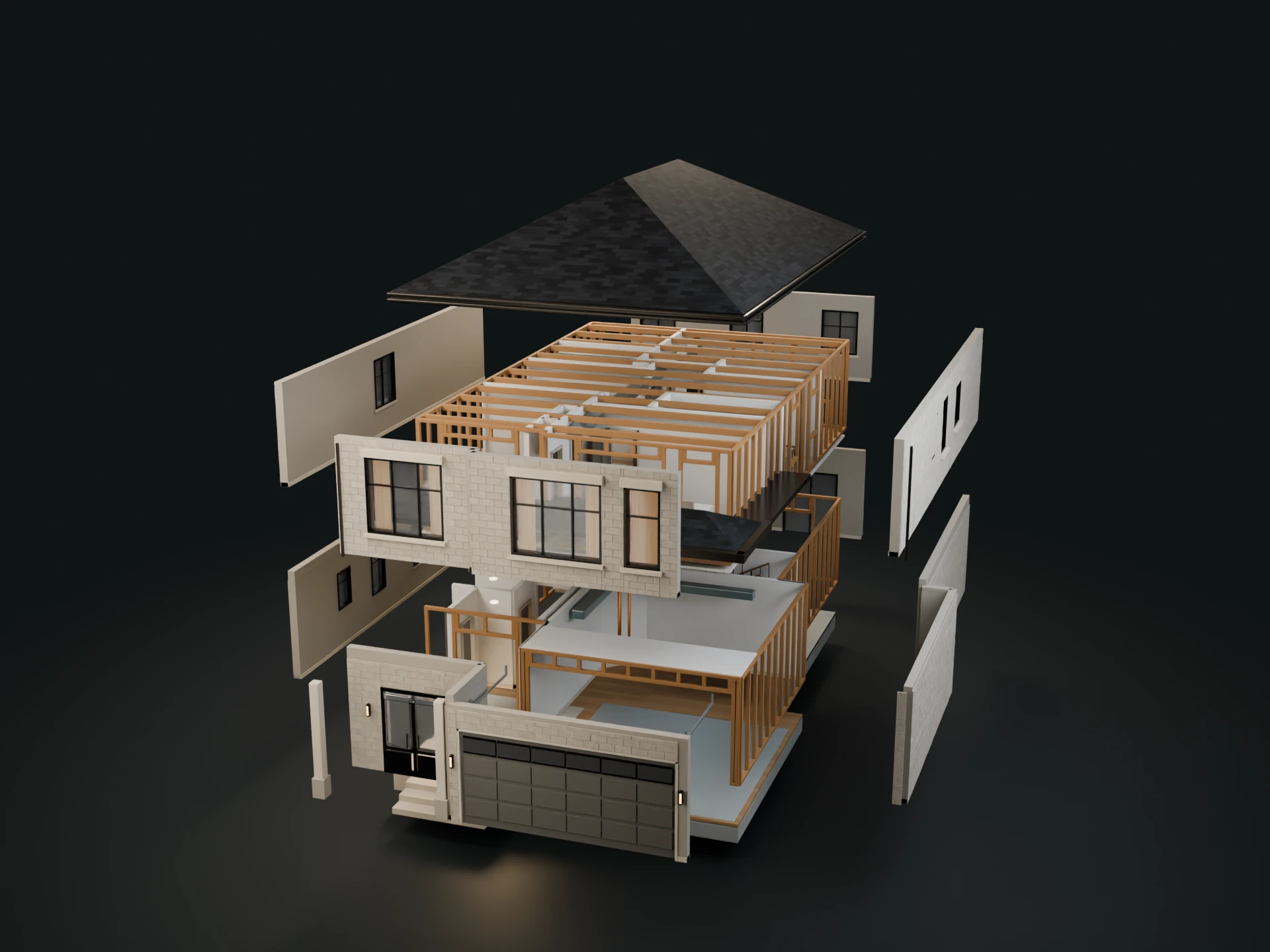 The Ridgefield house suspended in separate architectural components, ready to assemble
