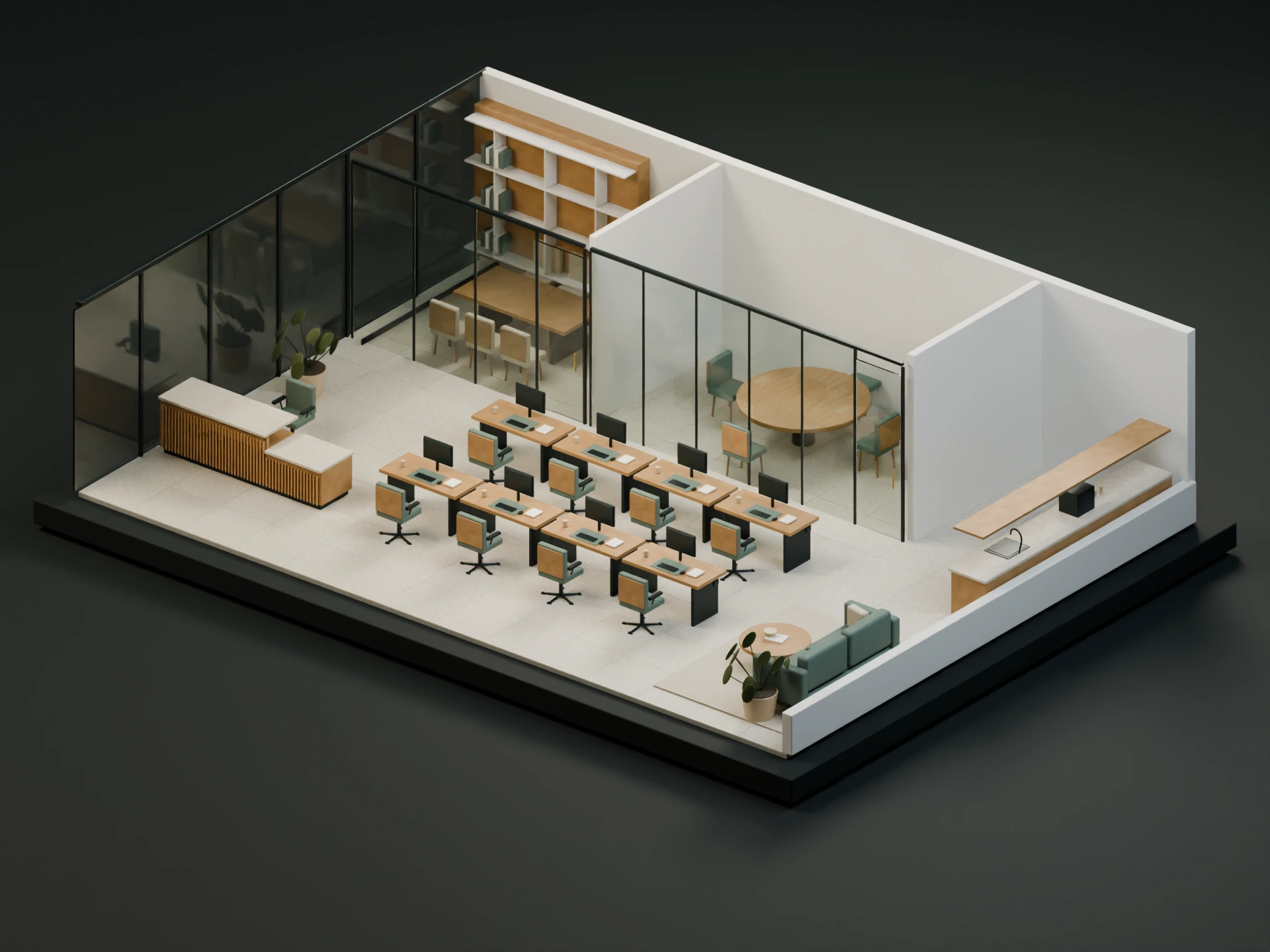 Atelier Workplace architectural study with furnished workstations, timber joinery and glazed meeting rooms