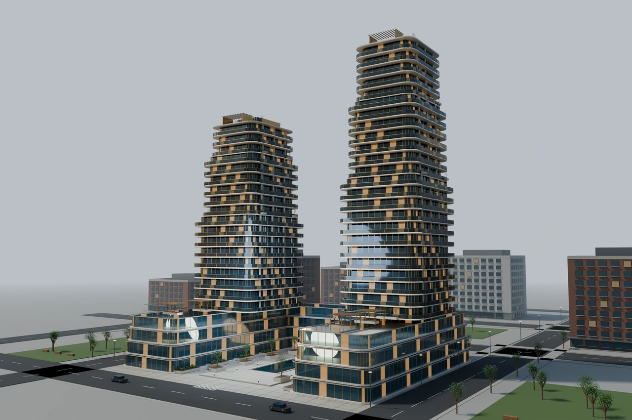 Courtyard Quarter condominium concept with sculpted towers, planted terraces and a landscaped garden court