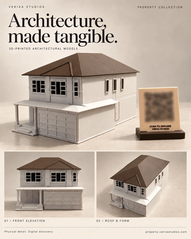 Residential architectural model showcase showing a two-storey home, its roof and front elevation