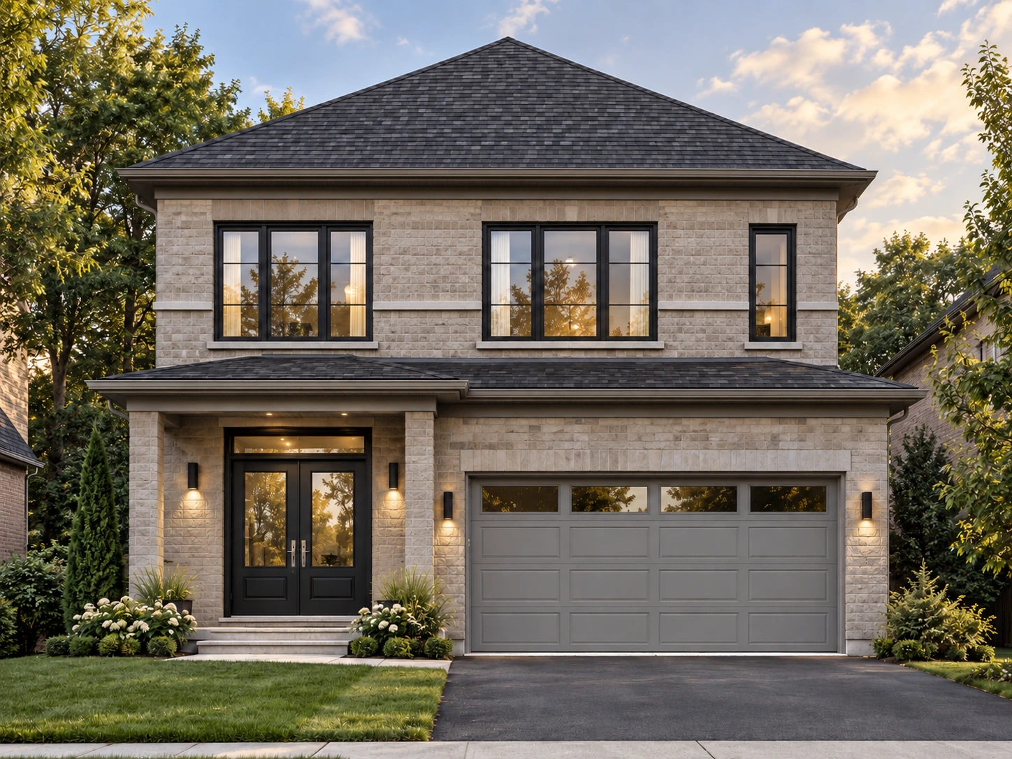 Ridgefield front exterior design study in pale masonry with charcoal windows and a hipped roof