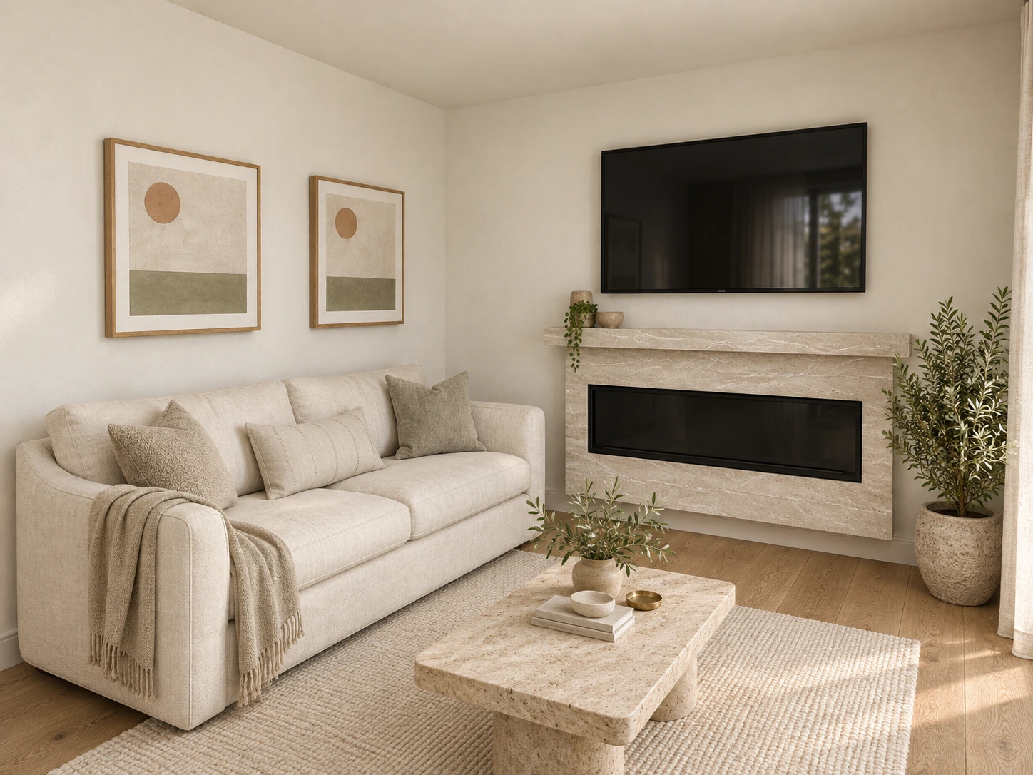Ridgefield family-room rendering with linen seating and a stone fireplace